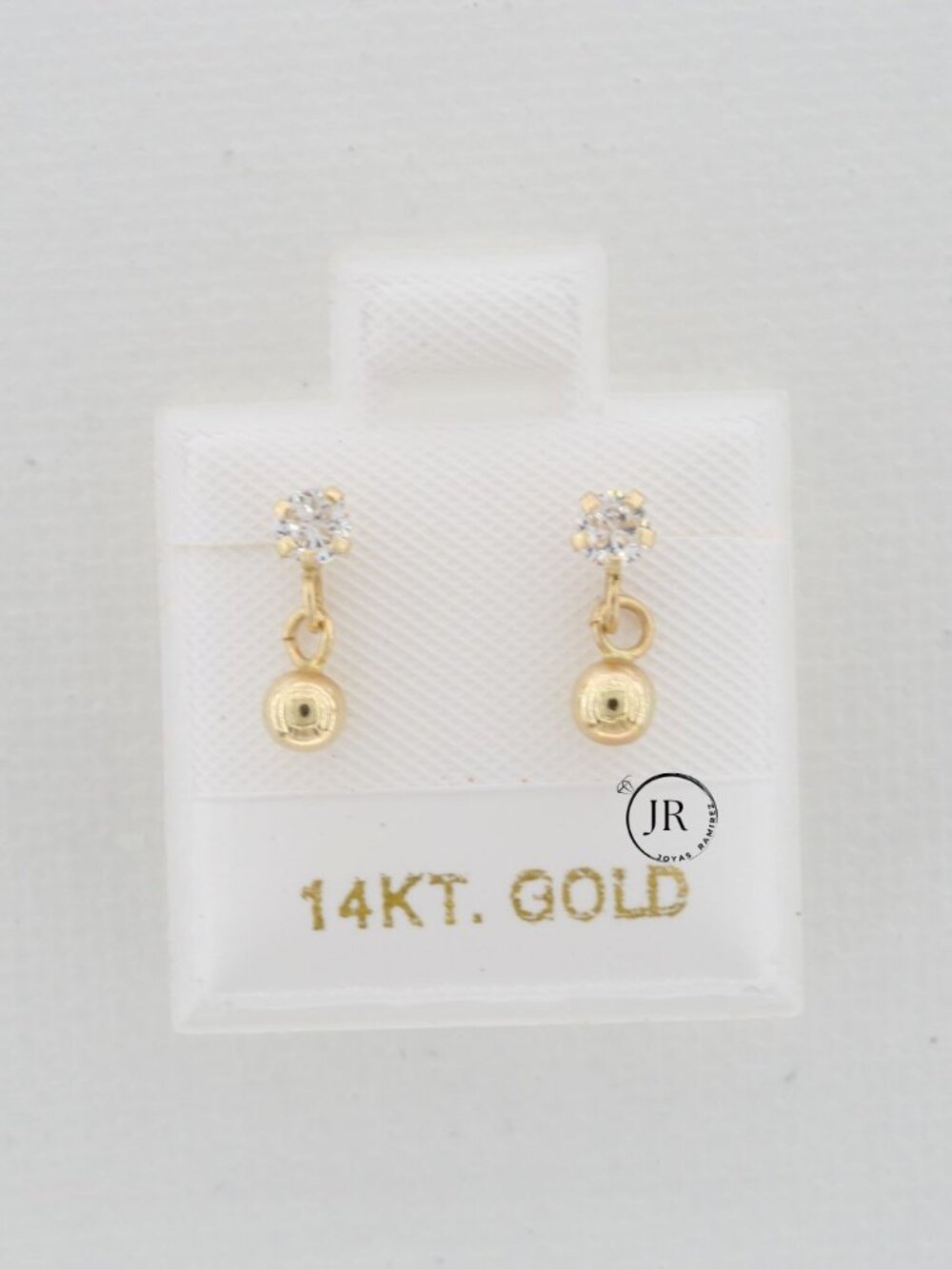 14K Solid Gold Dangle Drop Earrings • Cubic Zirconia Studs with Hanging Ball